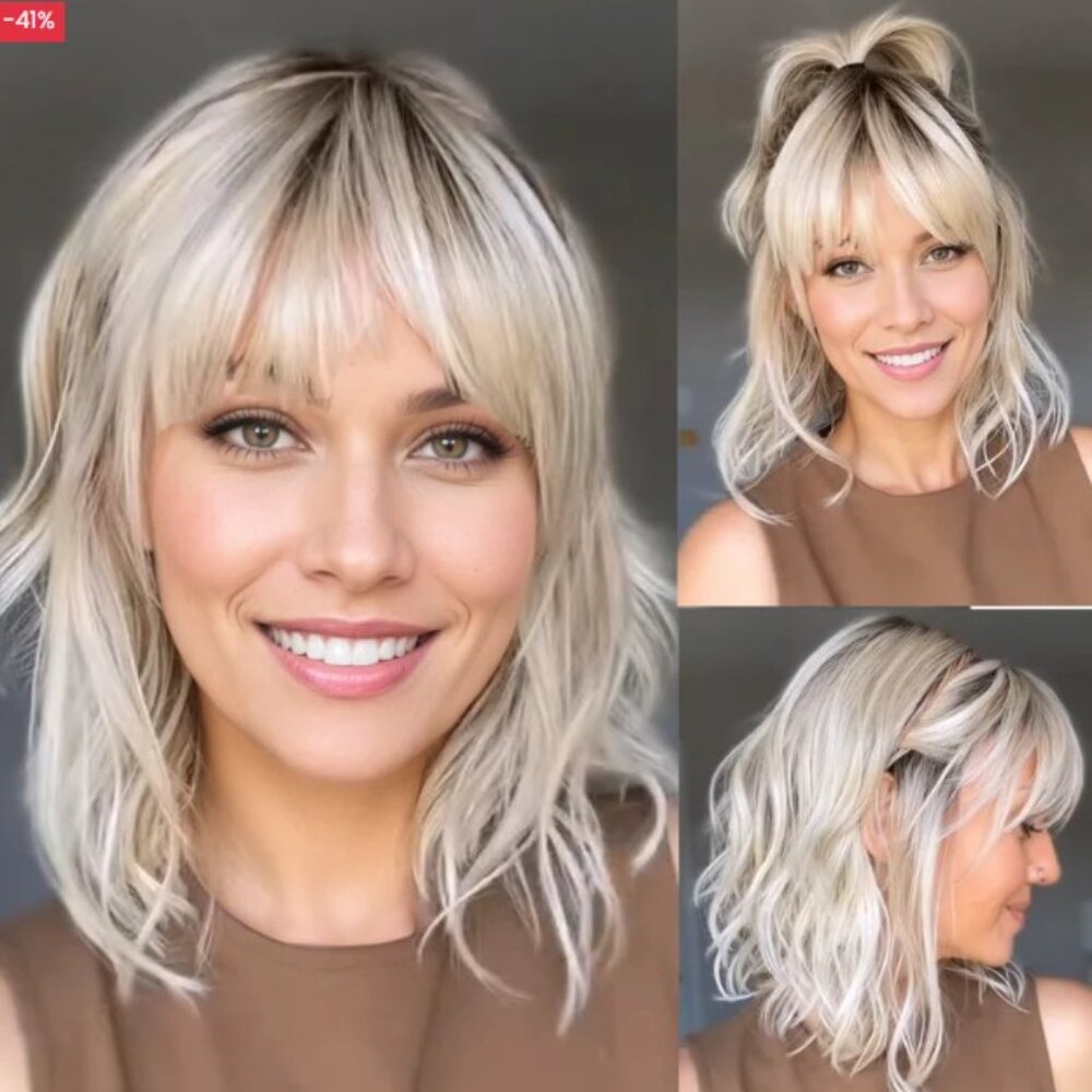 Blonde Shaggy Layered Lace Front Wig with Fringe - Natural Platinum Blonde